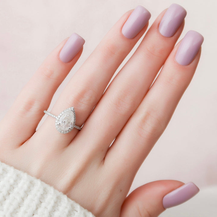 2.0ct Pear Halo Pave Moissanite Diamond Engagement Ring