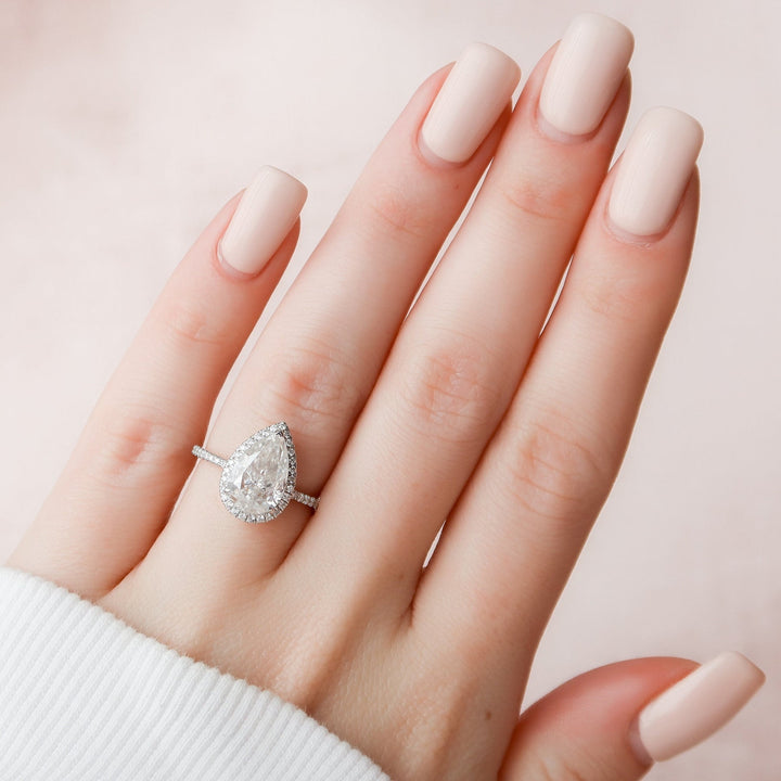 2.50CT Pear Cut Halo Moissanite Diamond Engagement Ring