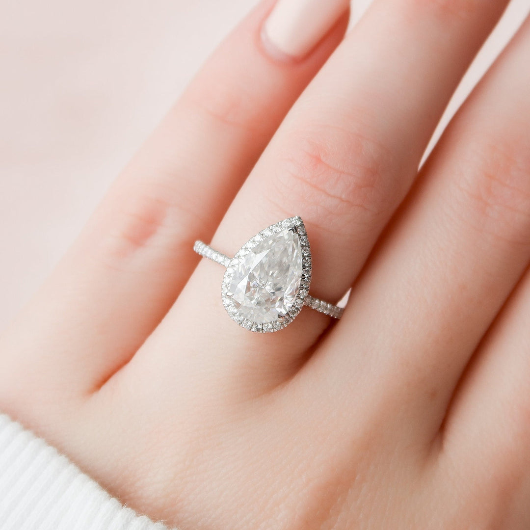 2.50CT Pear Cut Halo Moissanite Diamond Engagement Ring