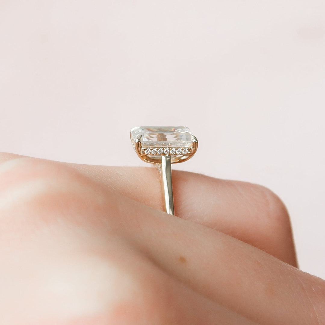 4.0CT Emerald Cut Hidden Halo Cathedral Moissanite Diamond Engagement Ring