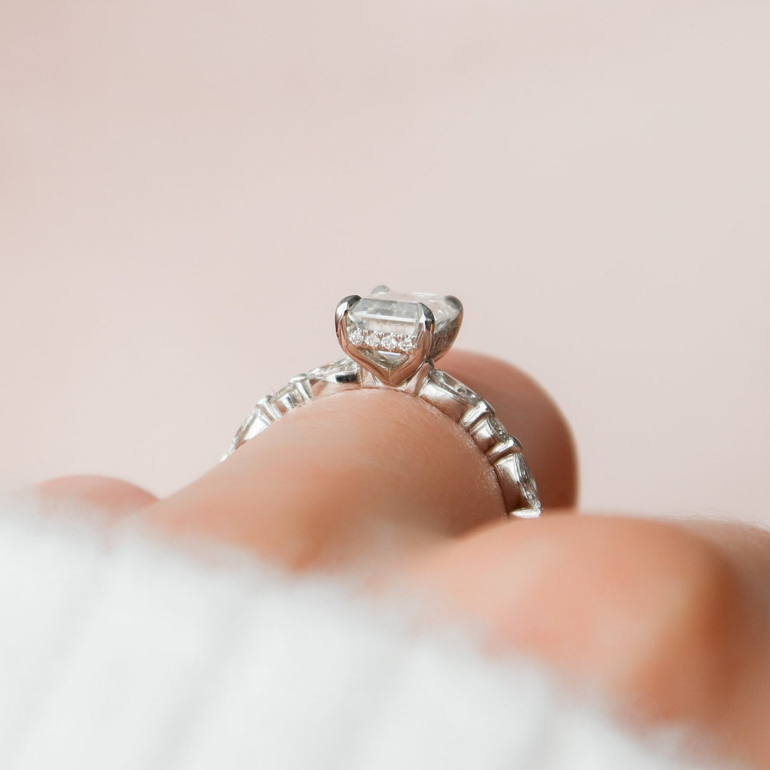 2.0CT Emerald Cut Hidden Halo Moissanite Diamond Engagement Ring