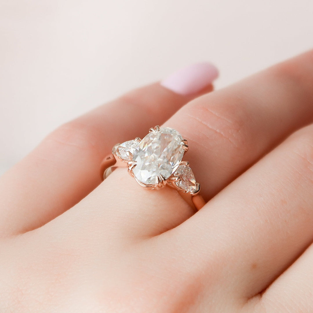 3.5ct Oval Three Stone Diamond Cathedral Moissanite Engagement Ring
