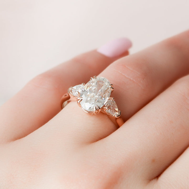 3.5ct Oval Three Stone Diamond Cathedral Moissanite Engagement Ring