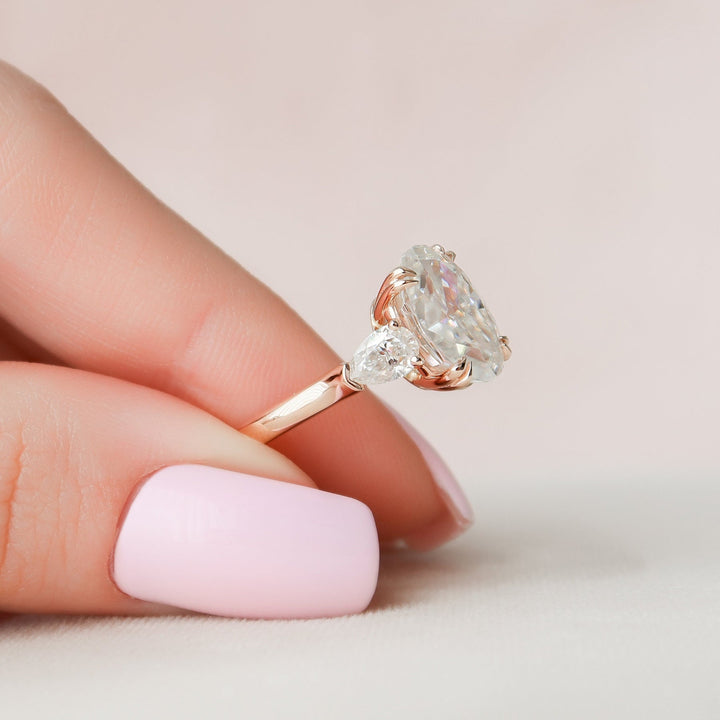 3.5ct Oval Three Stone Diamond Cathedral Moissanite Engagement Ring