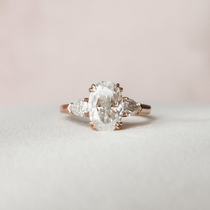 3.5ct Oval Three Stone Diamond Cathedral Moissanite Engagement Ring