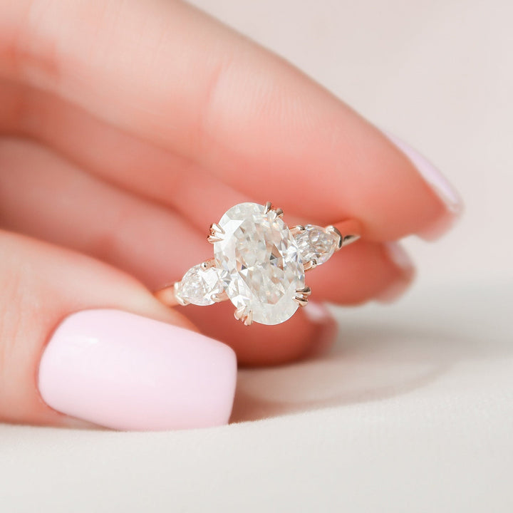 3.5ct Oval Three Stone Diamond Cathedral Moissanite Engagement Ring