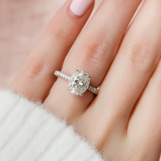 3.0CT Oval Hidden Halo Moissanite Three Side Pave Diamond Engagement Ring
