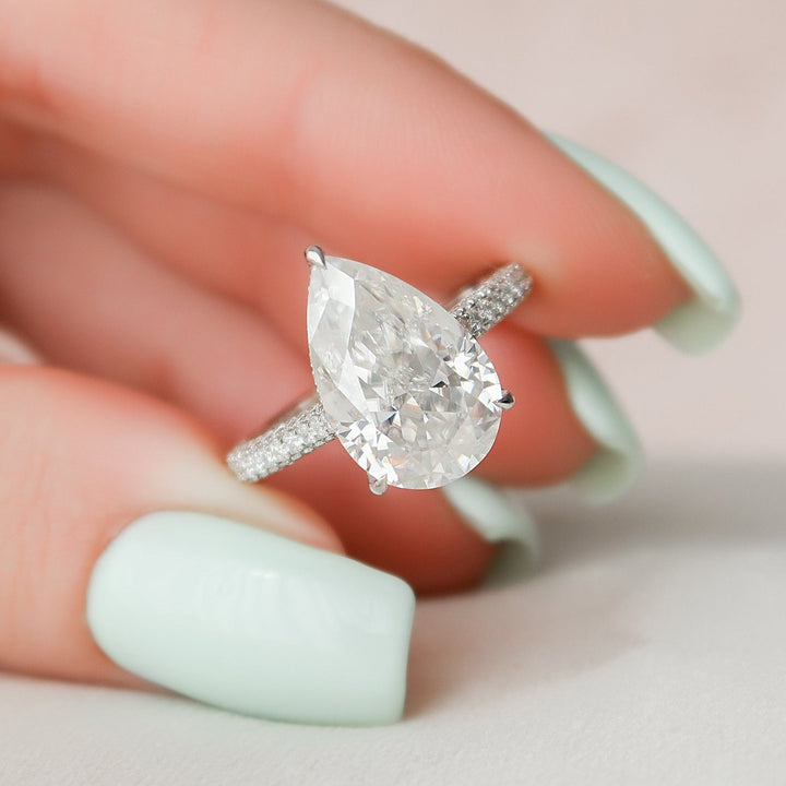 5.0CT Pear Hidden Halo Moissanite Three Side Pave Diamond Engagement Ring