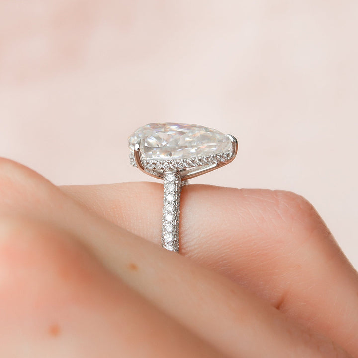 5.0CT Pear Hidden Halo Moissanite Three Side Pave Diamond Engagement Ring