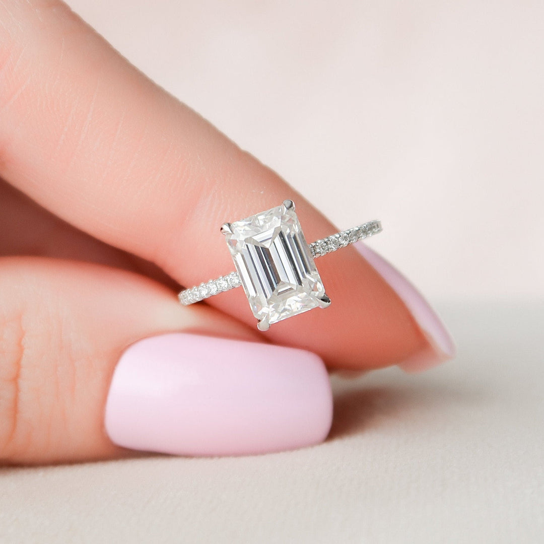 2.50CT Emerald Cut Hidden Halo Moissanite Pave Diamond Engagement Ring