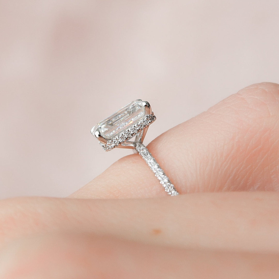 3.0ct Emerald Cut Hidden Halo Moissanite Diamond Engagement Ring