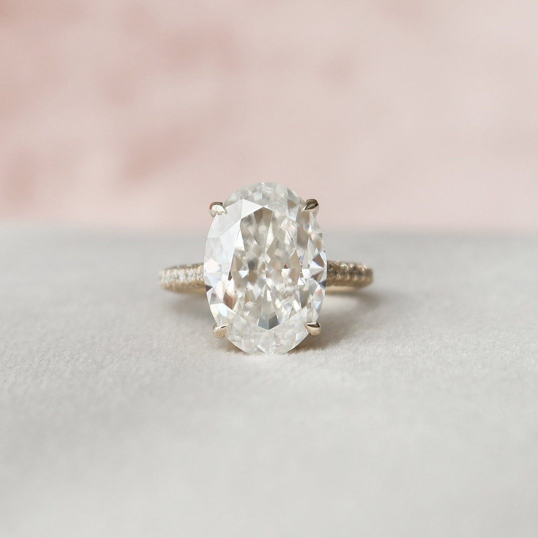 5.0CT Oval Hidden Halo Moissanite Three Side Pave Engagement Ring