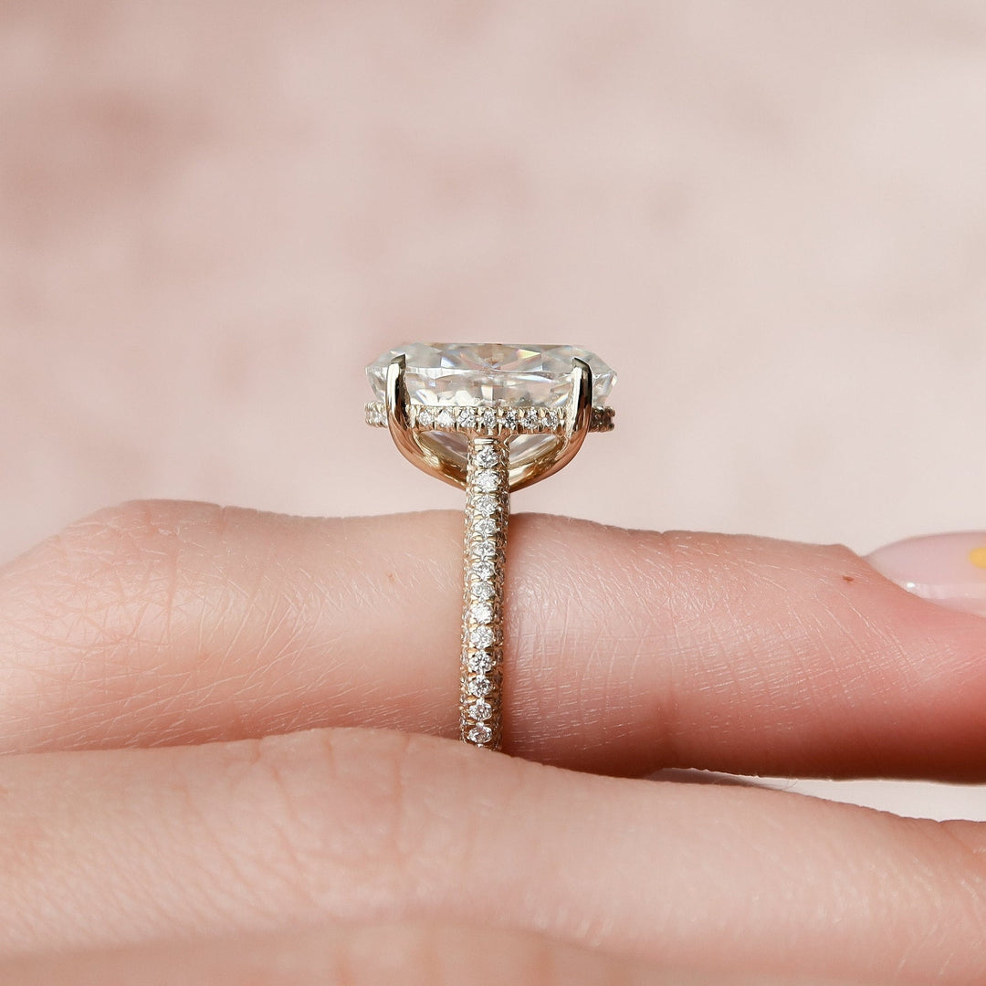 5.0CT Oval Hidden Halo Moissanite Three Side Pave Engagement Ring