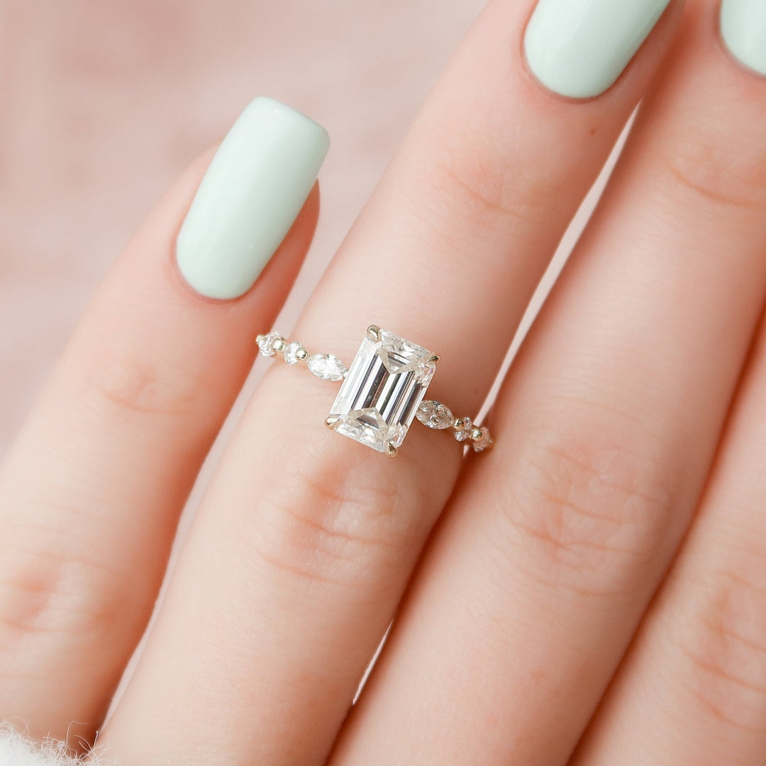 2.0CT Emerald Cut Hidden Halo Moissanite Diamond Engagement Ring