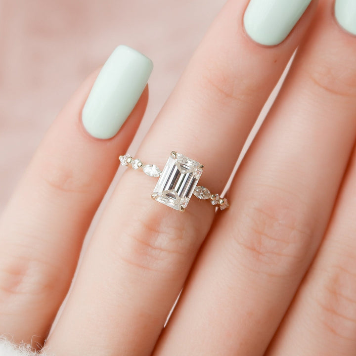 2.0CT Emerald Cut Hidden Halo Moissanite Diamond Engagement Ring