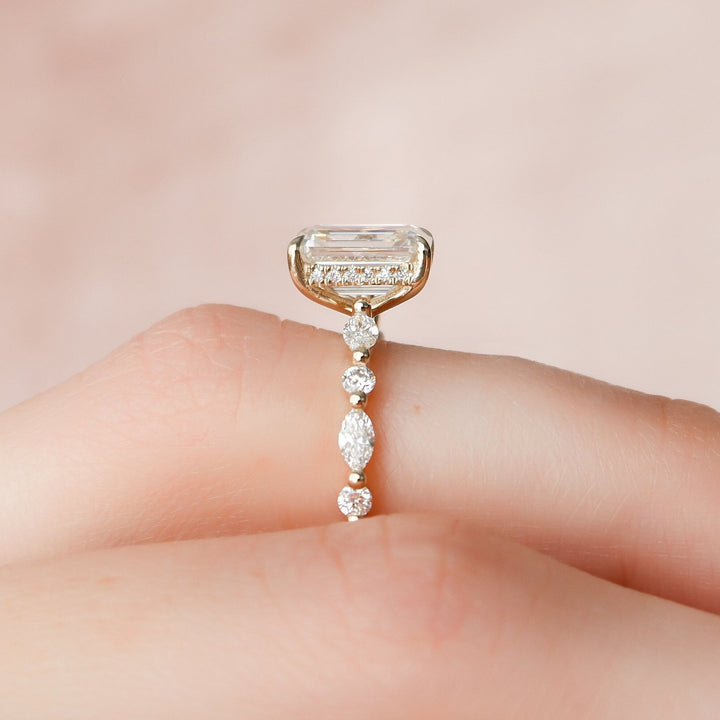 2.0CT Emerald Cut Hidden Halo Moissanite Diamond Engagement Ring