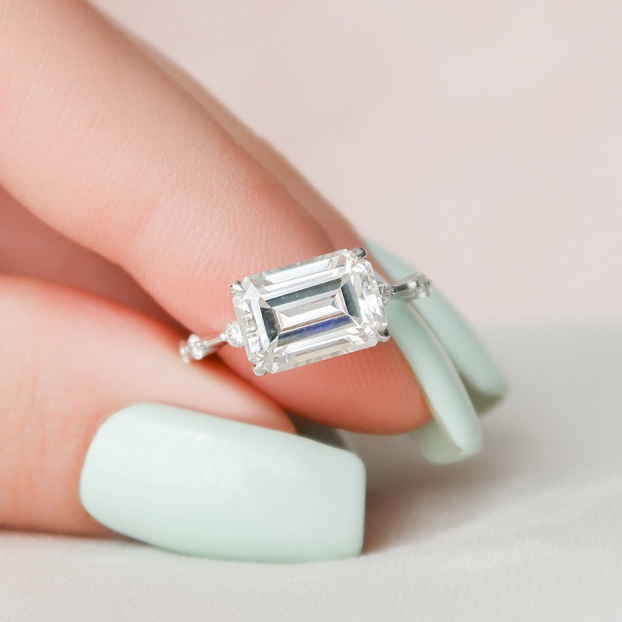 3.0CT East-West Emerald Cut Moissanite Diamond Engagement Ring