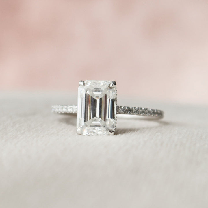3.0ct Emerald Cut Hidden Halo Moissanite Diamond Engagement Ring
