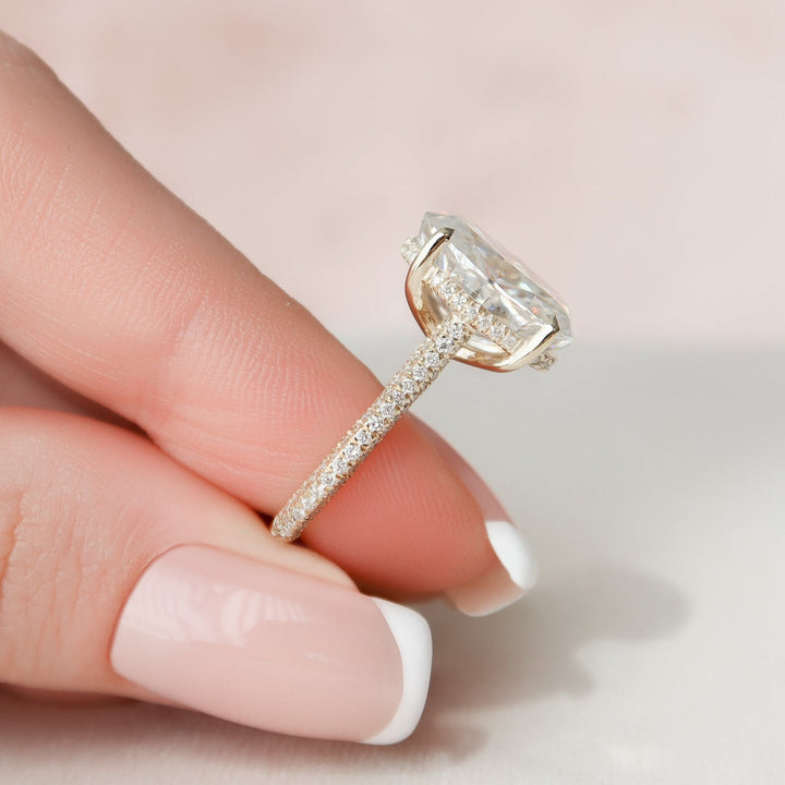 5.0CT Oval Hidden Halo Moissanite Three Side Pave Engagement Ring
