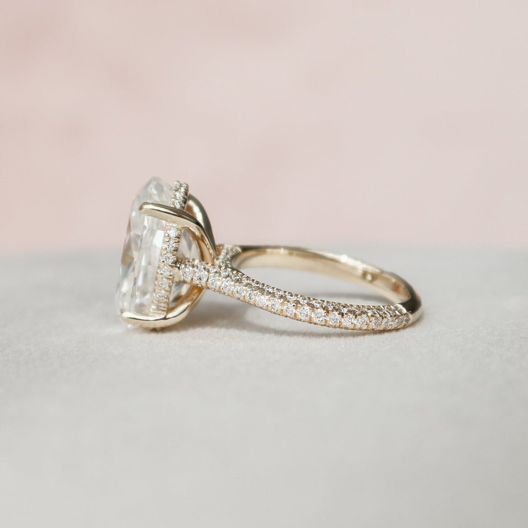 5.0CT Oval Hidden Halo Moissanite Three Side Pave Engagement Ring