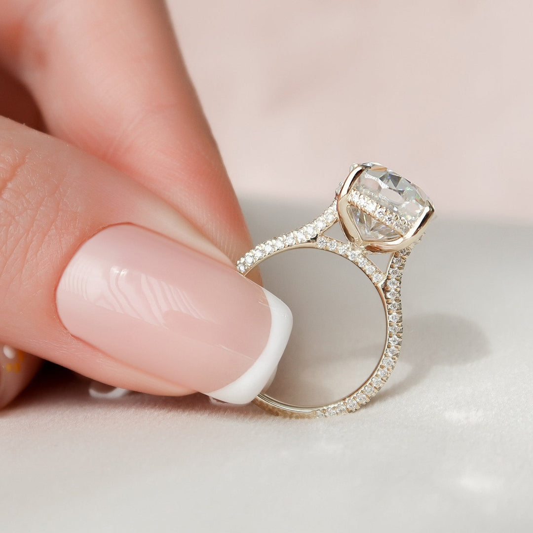 5.0CT Oval Hidden Halo Moissanite Three Side Pave Engagement Ring