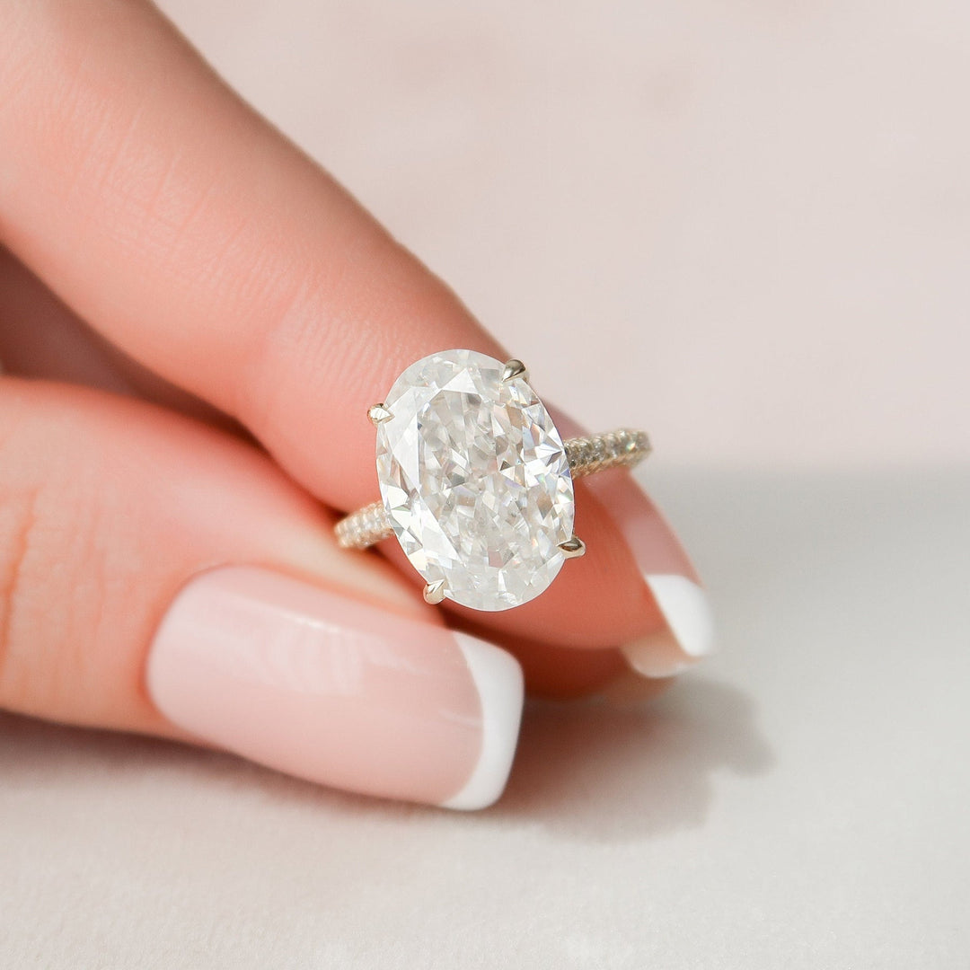 5.0CT Oval Hidden Halo Moissanite Three Side Pave Engagement Ring