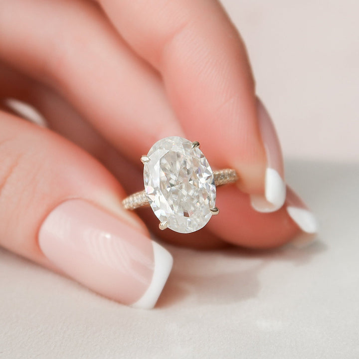 5.0CT Oval Hidden Halo Moissanite Three Side Pave Engagement Ring