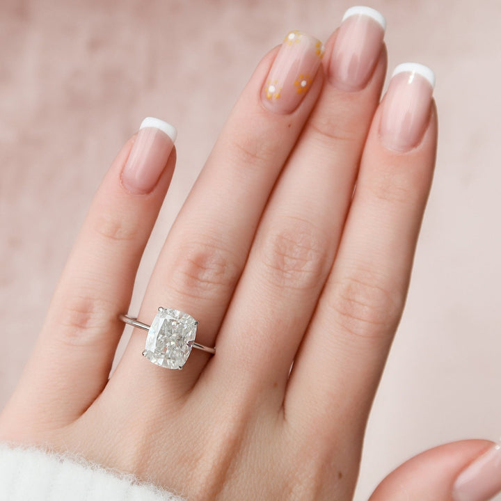 6.0CT Elongated Cushion Hidden Halo Moissanite Solitaire Pave Engagement Ring