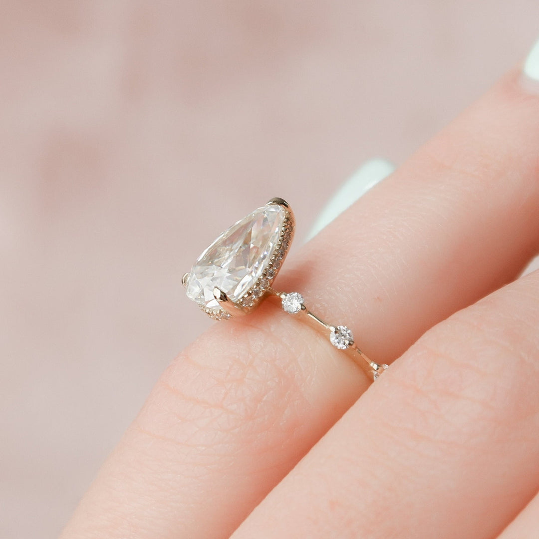 2.0CT Pear Hidden Halo Moissanite Solitaire Diamond Engagement Ring