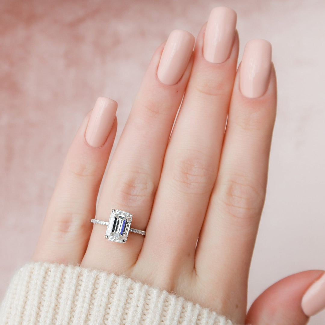 3.0CT Emerald Cut Moissanite Hidden Halo Diamond Engagement Ring