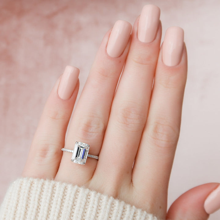 3.0CT Emerald Cut Moissanite Hidden Halo Diamond Engagement Ring
