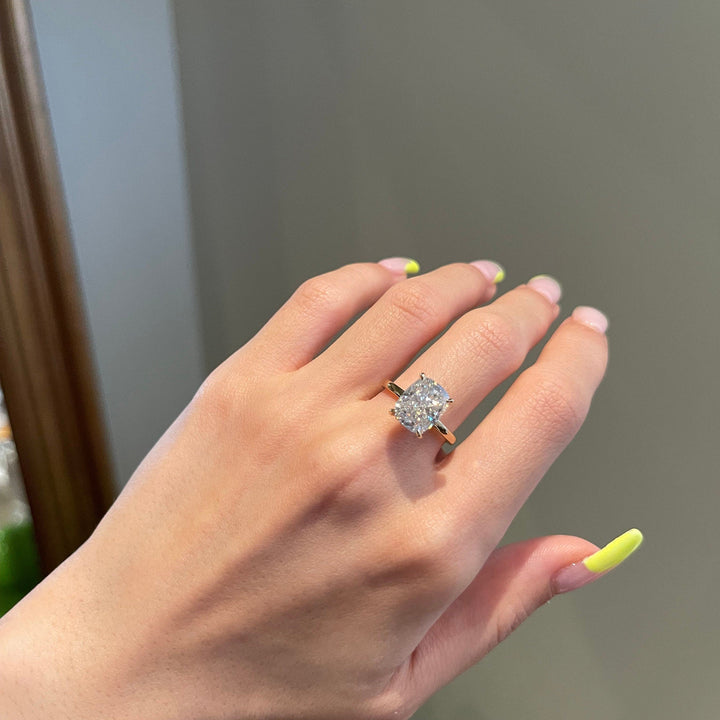 4.0ct Elongated Cushion Hidden Halo Solitaire Moissanite Diamond Engagement Ring