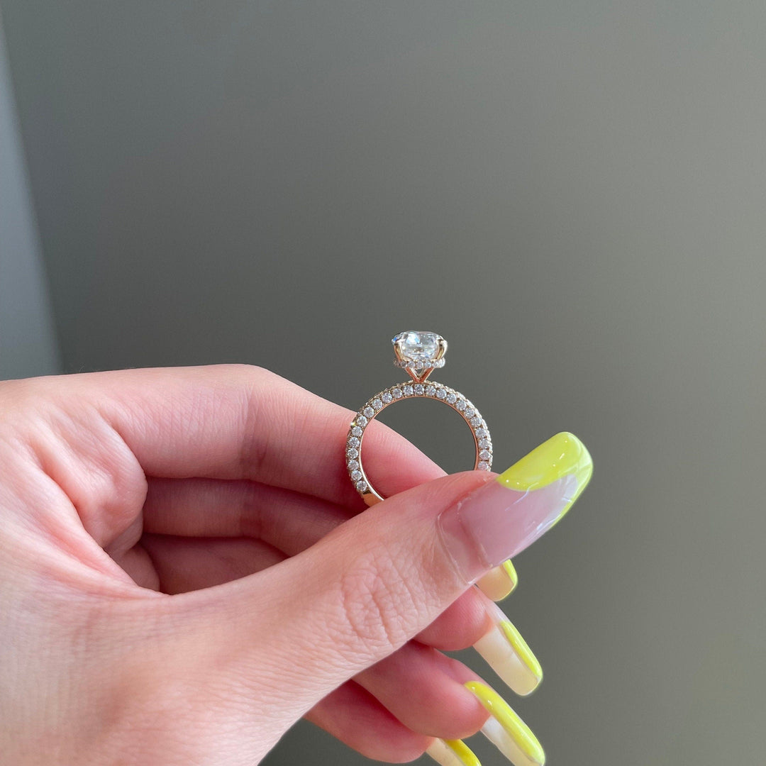 4.0ct Elongated Cushion Hidden Halo 3 Side Pave Moissanite Diamond Enagement Ring