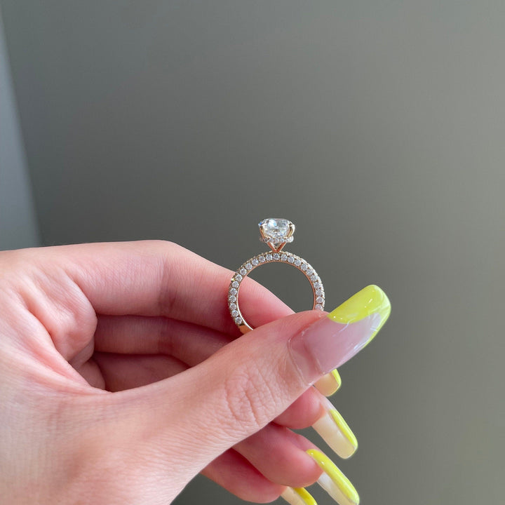 4.0ct Elongated Cushion Hidden Halo 3 Side Pave Moissanite Diamond Enagement Ring