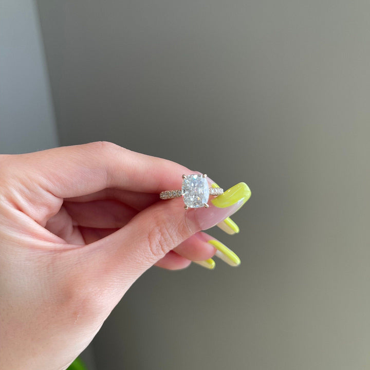 4.0ct Elongated Cushion Hidden Halo 3 Side Pave Moissanite Diamond Enagement Ring