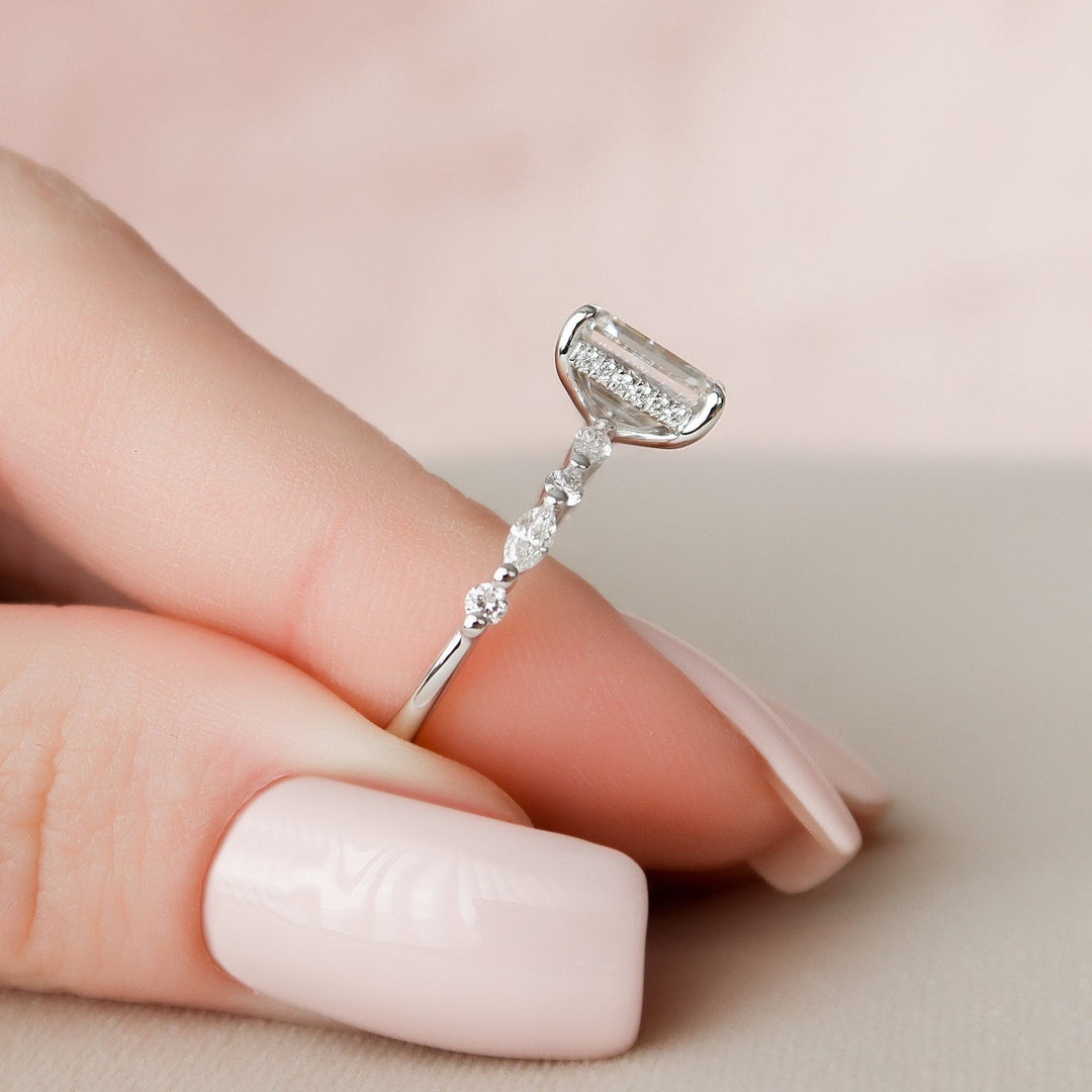 2.0CT Emerald Cut Hidden Halo Moissanite Diamond Engagement Ring