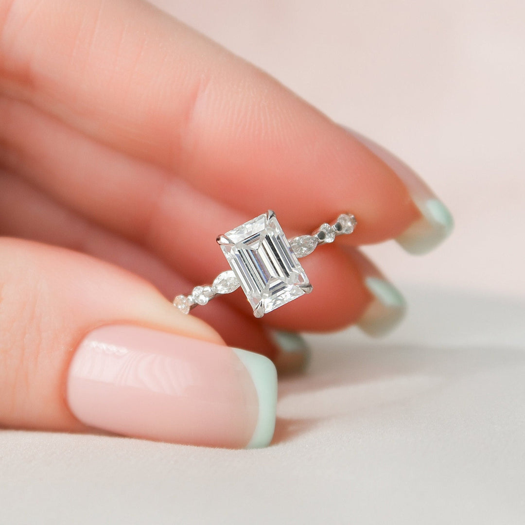 2.0CT Emerald Cut Hidden Halo Moissanite Diamond Engagement Ring
