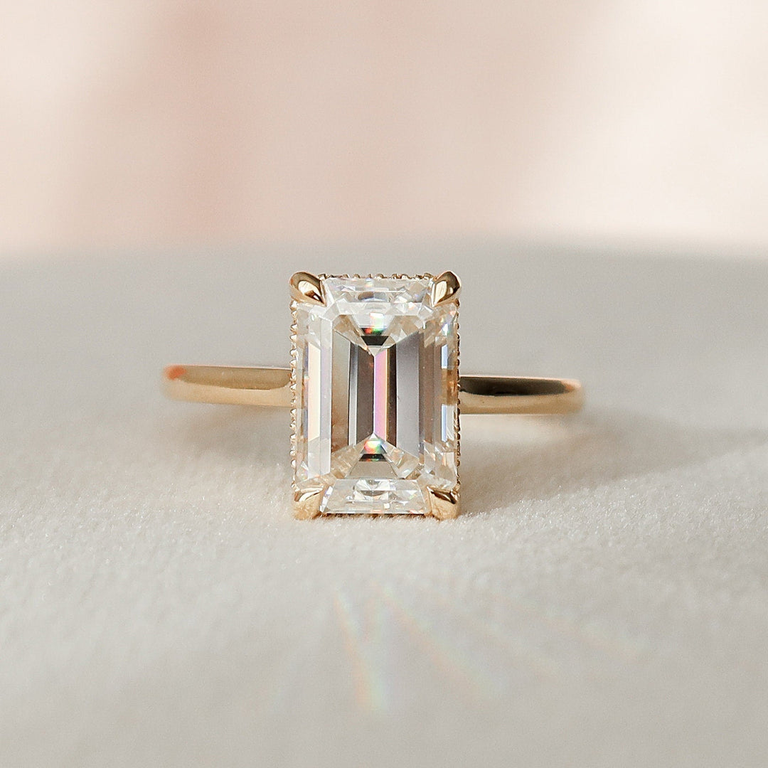 3.0CT Emerald Cut Hidden Halo Moissanite Diamond Engagement Ring