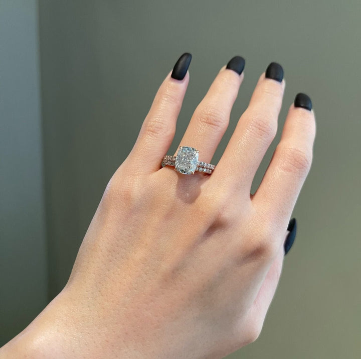 4.0ct Elongated Cushion Hidden Halo Pave Moissanite Diamond Engagement Ring