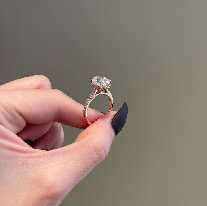 4.0ct Elongated Cushion Cut Hidden Halo Cathedral Moissanite Diamond Engagement Ring