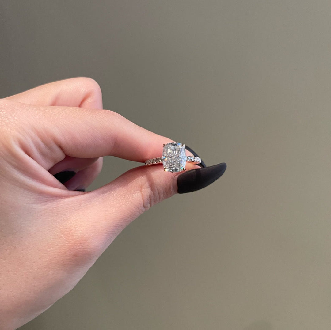 4.0ct Elongated Cushion Cut Hidden Halo Cathedral Moissanite Diamond Engagement Ring