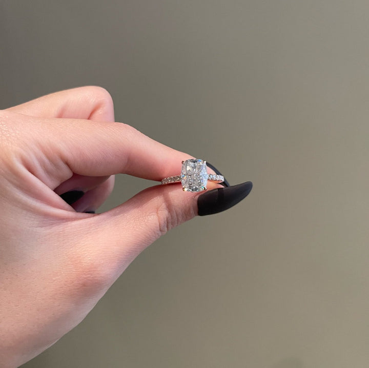 4.0ct Elongated Cushion Cut Hidden Halo Cathedral Moissanite Diamond Engagement Ring