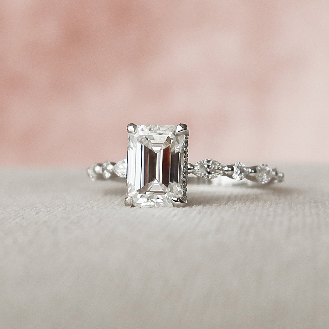 2.0CT Emerald Cut Hidden Halo Moissanite Diamond Engagement Ring