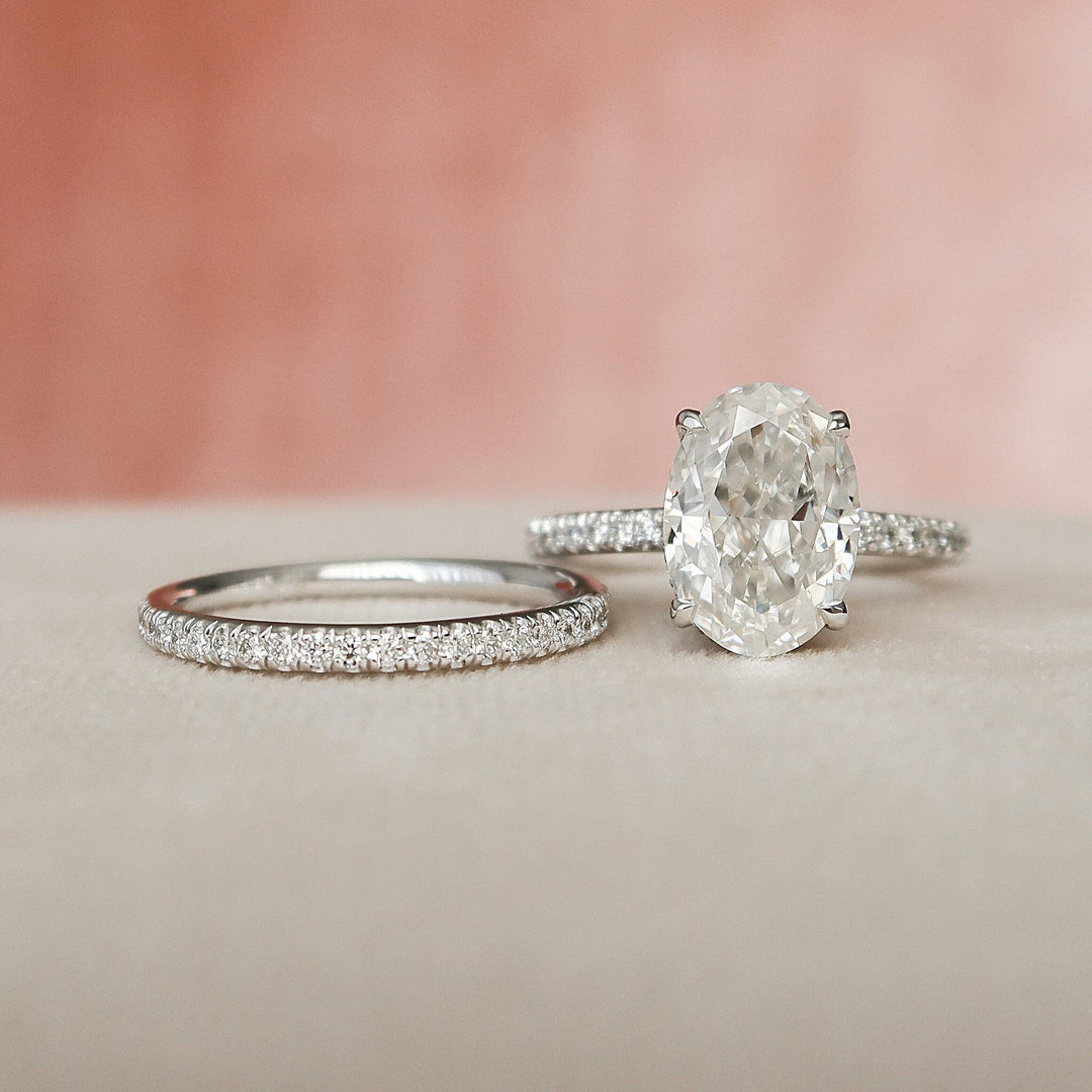 3.15tcw Oval Cut Moissanite Hidden Halo Eternity Bridal Engagement Ring Set