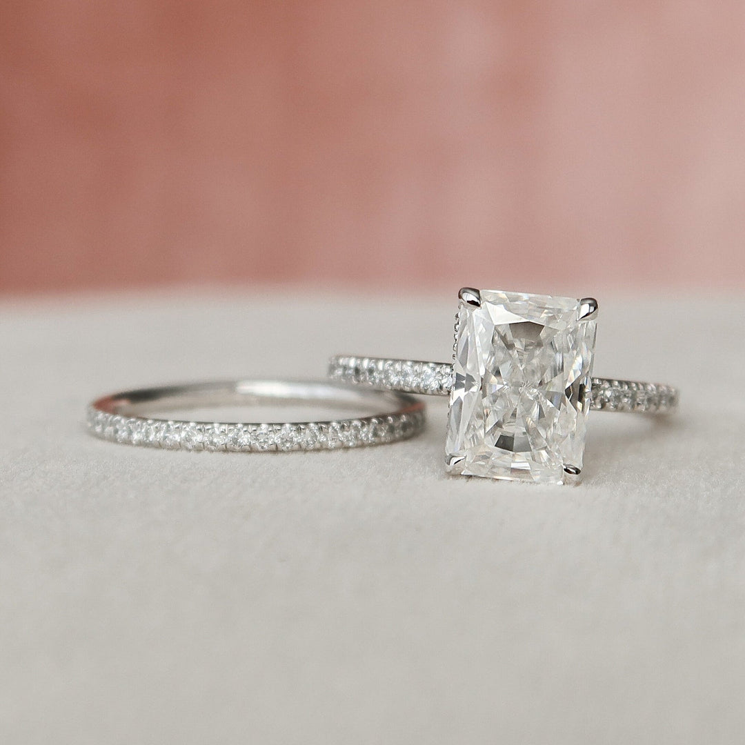 4.05tcw Radiant Cut Moissanite Halo Bridal Engagement Ring Set