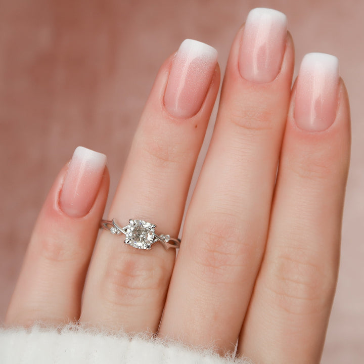 1.0CT Cushion Cut Twig Branch Nature Inspired Moissanite Engagement Ring