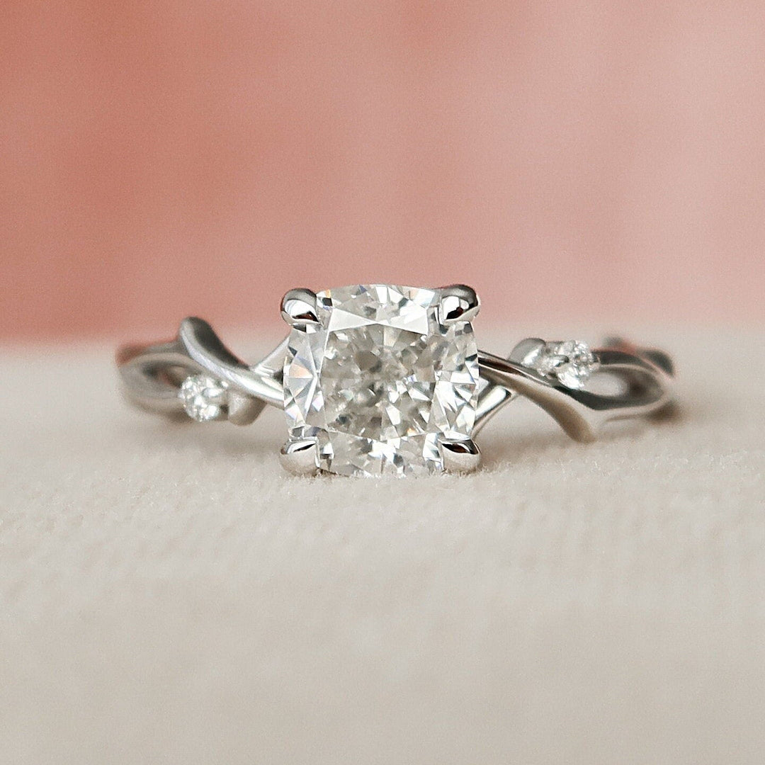 1.0CT Cushion Cut Twig Branch Nature Inspired Moissanite Engagement Ring