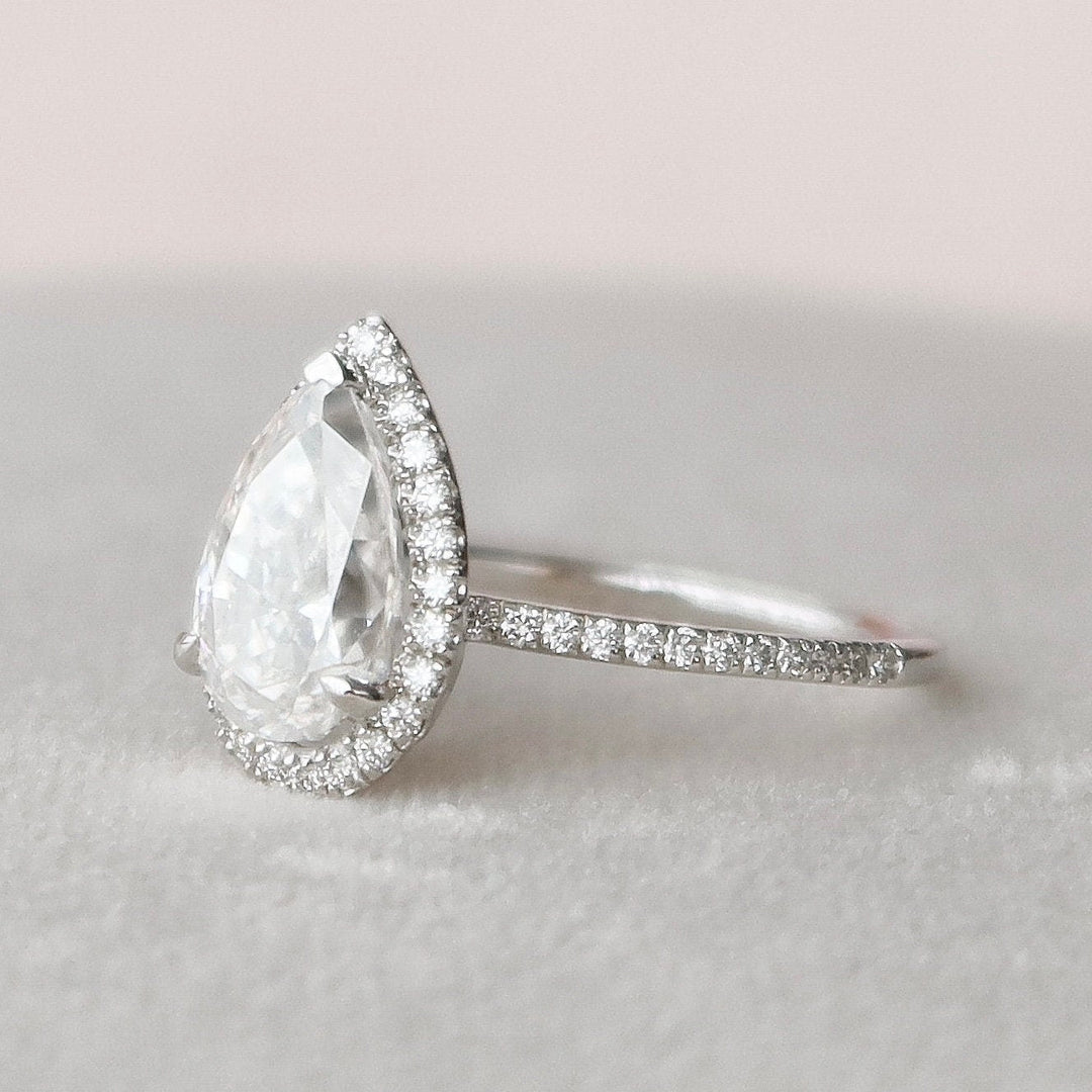 2.0ct Pear Halo Pave Moissanite Diamond Engagement Ring