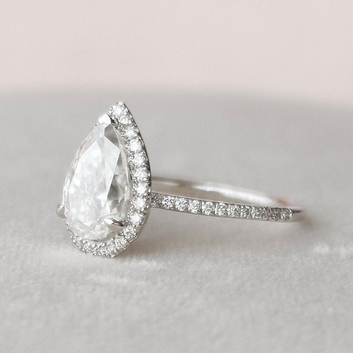 2.0ct Pear Halo Pave Moissanite Diamond Engagement Ring