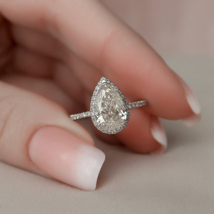 2.0ct Pear Halo Pave Moissanite Diamond Engagement Ring